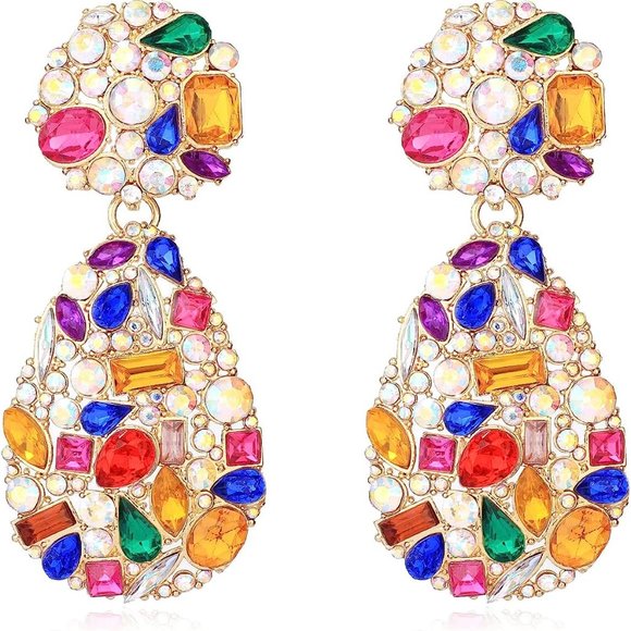 Boutique Accessories - Crystals Teardrop Dangle Statement Earrings, Rhinestone Chandelier Fashion